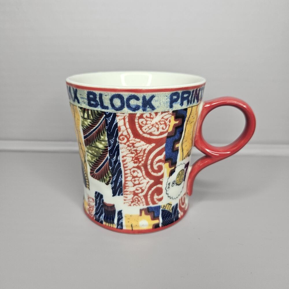 Anthropologie Coffee Tea Cup Mug Veritable Wax Block Prints Red C4